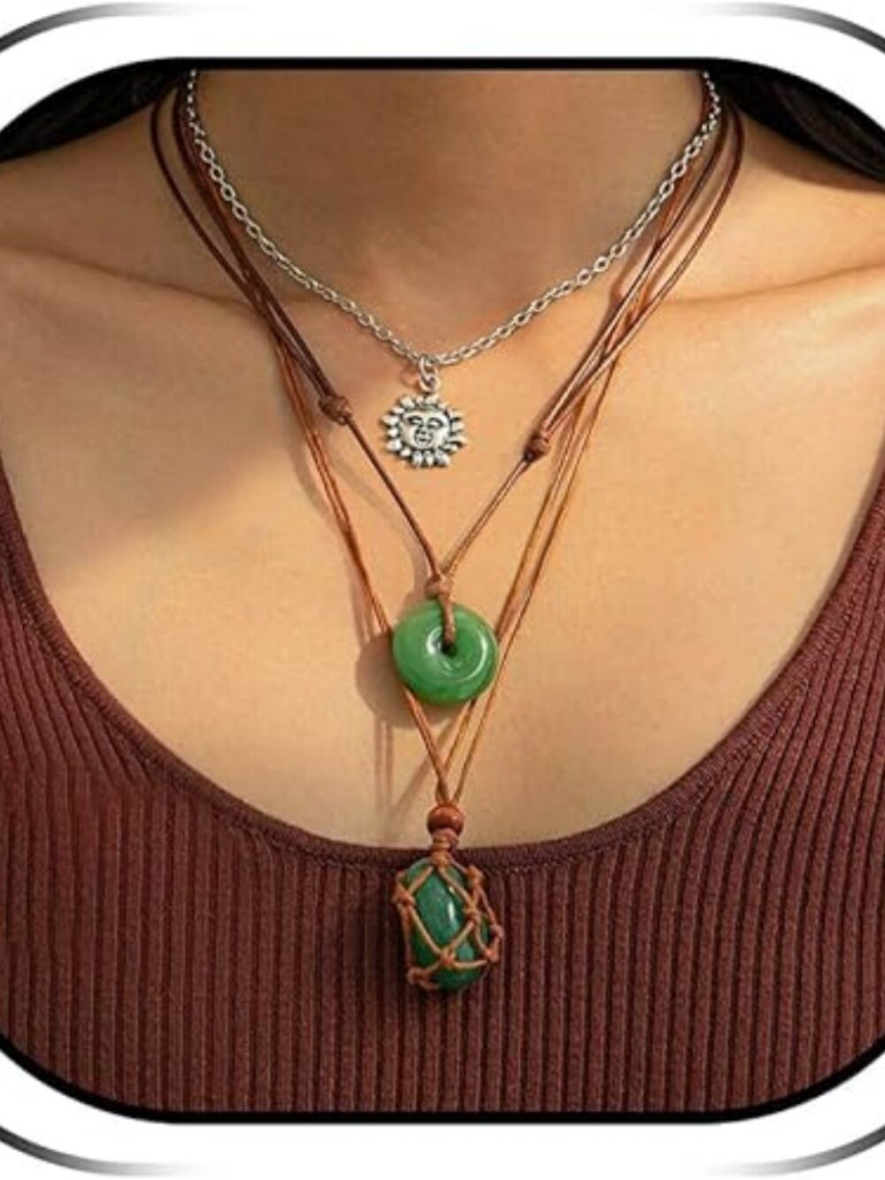 Layered Boho Necklace for Women Green Stone Sun Crystal Floral Pendant Choker Lo